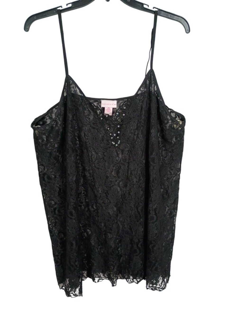 Serenada Black Lace Sleeveless Camisole Plus Size 3X Adjustable Straps Beaded Ac